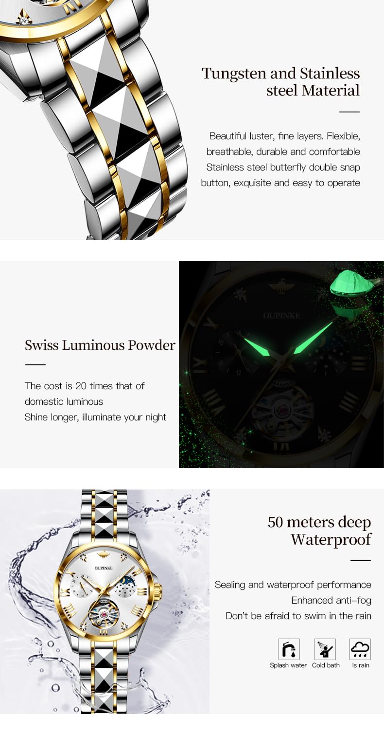 OUPINKE Women Automatic Watches Luxury Diamond Flywheel Two-Tone Stainless Tungsten Steel Band Moon Phase 24 Hours