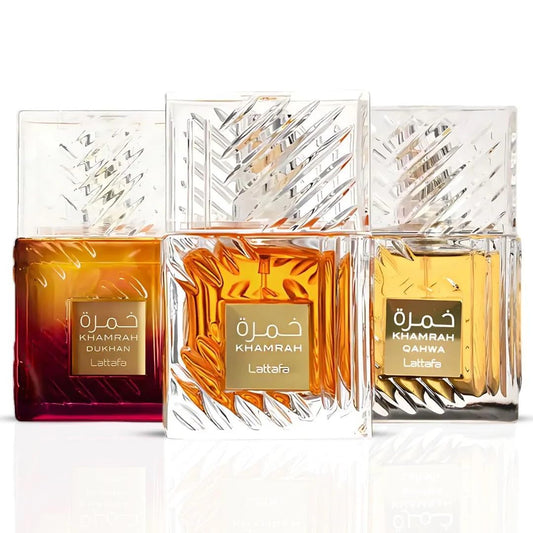 Lattafa Khamrah Qahwa & Dukhan Eau De Parfum Sprays 100ML (3.4 OZ) – Unisex Long Lasting Fragrance – 3 Pack Gift Set – Premium Middle Eastern Perfume