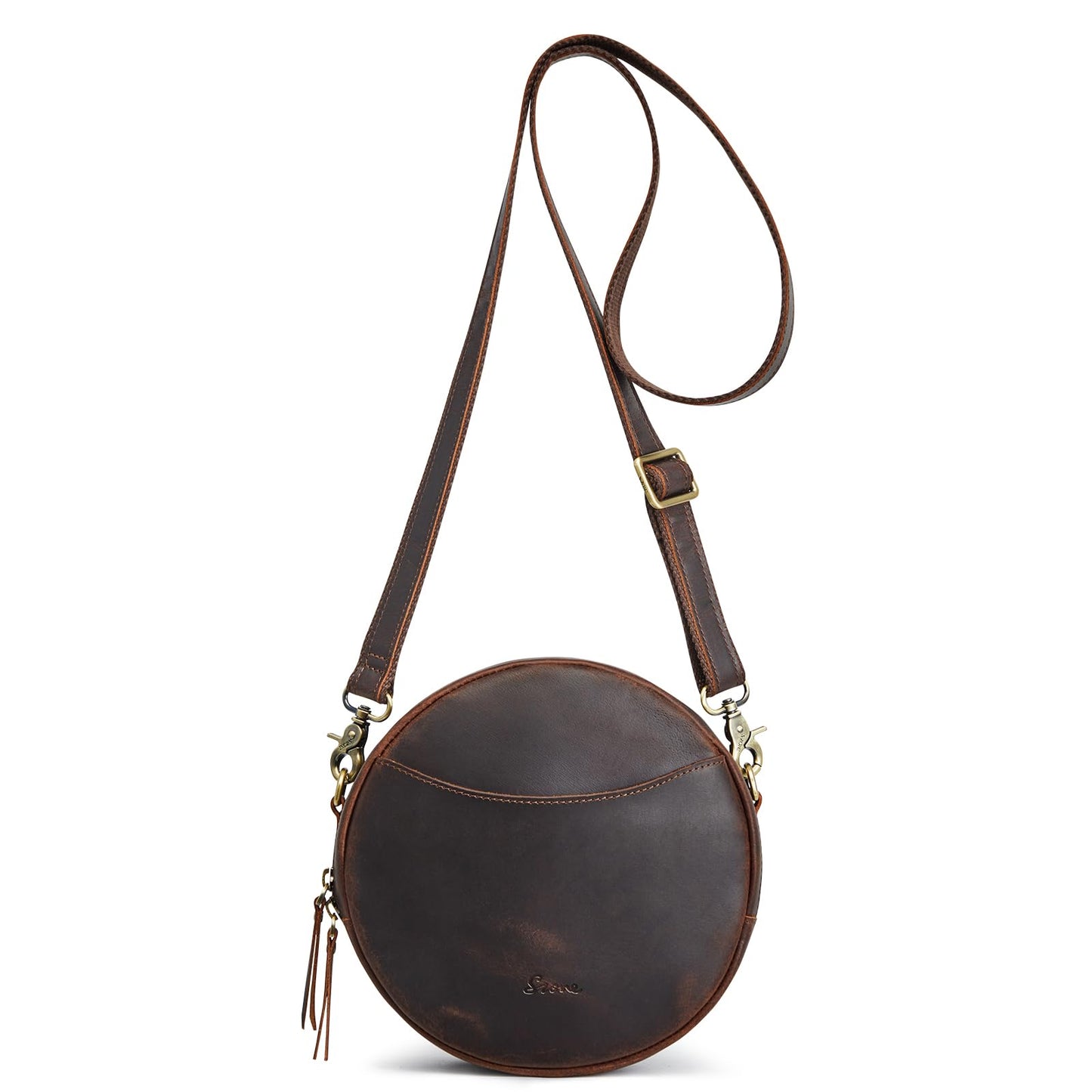S-ZONE Leather Crossbody Bags for Women Circle Shoulder Round Purse Travel | Top Grain Leather, Keychain, Designer Handbag, Vintage, Multi Pockets, Detachable Strap, Eveyday Outing