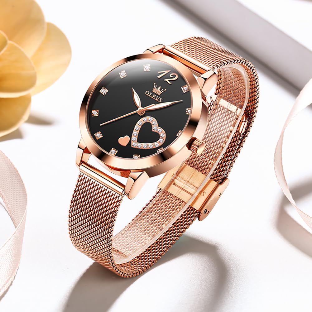 OLEVS Women's Watch Luxury Dress Rose Gold Women Slim Thin Lightweight Watch Stainless Steel Mesh Watches Fashion Waterproof Ladies Wrist Watch Black White Blue Face,Adjustable Bracelet