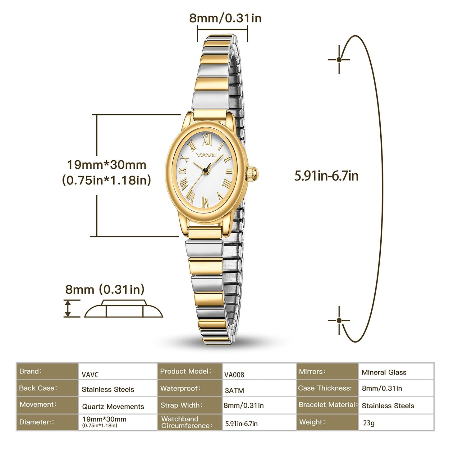 Small Gold Watches for Women,Analog Womens Watch with Stainless Steel Expansion Band,Oval Case Roman Dial,Water Resistant