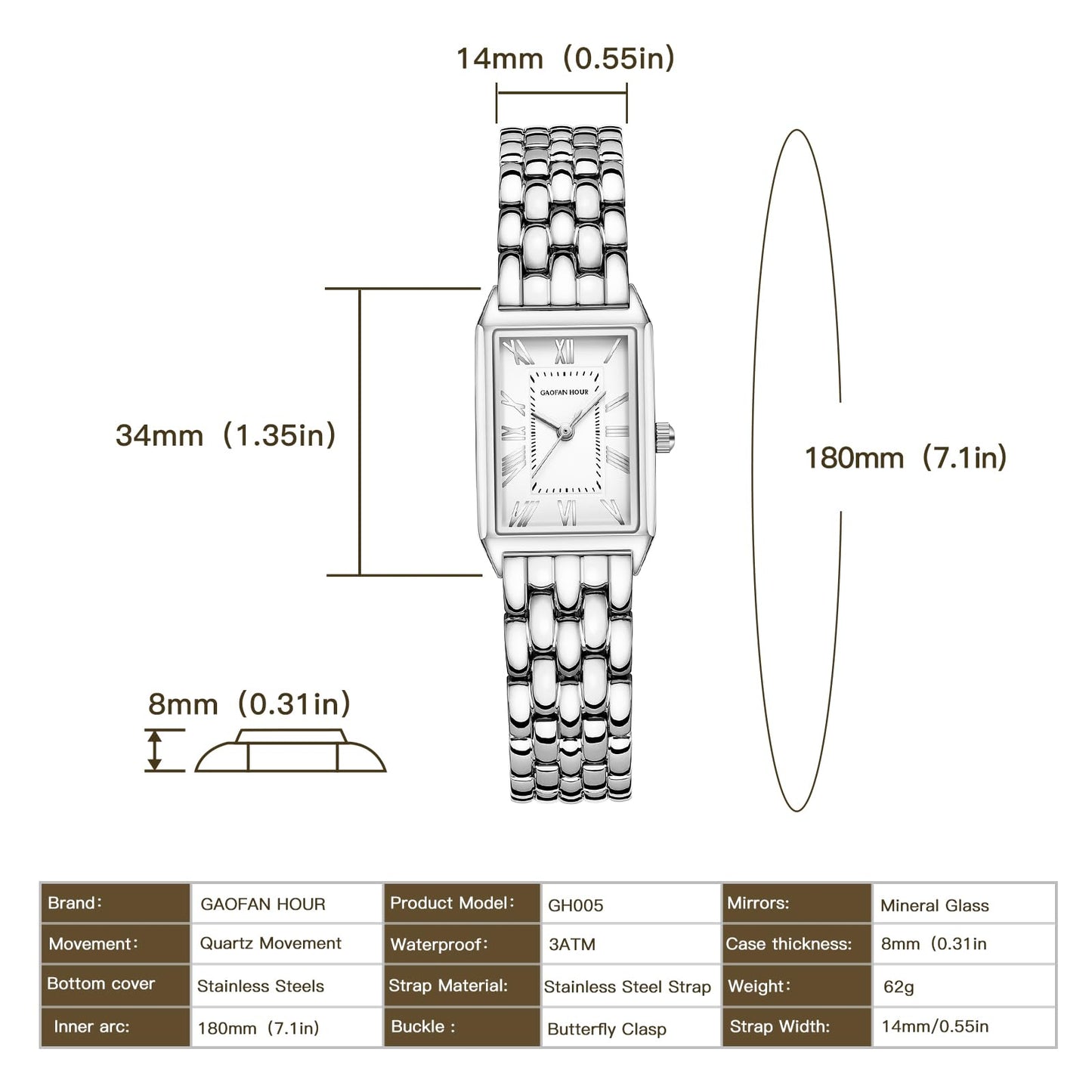Gold Watches for Women with Vintage Rectangular Case,White Roman Dial,Stainless Steel Band,Adjustment Tool Included,Water Resistant
