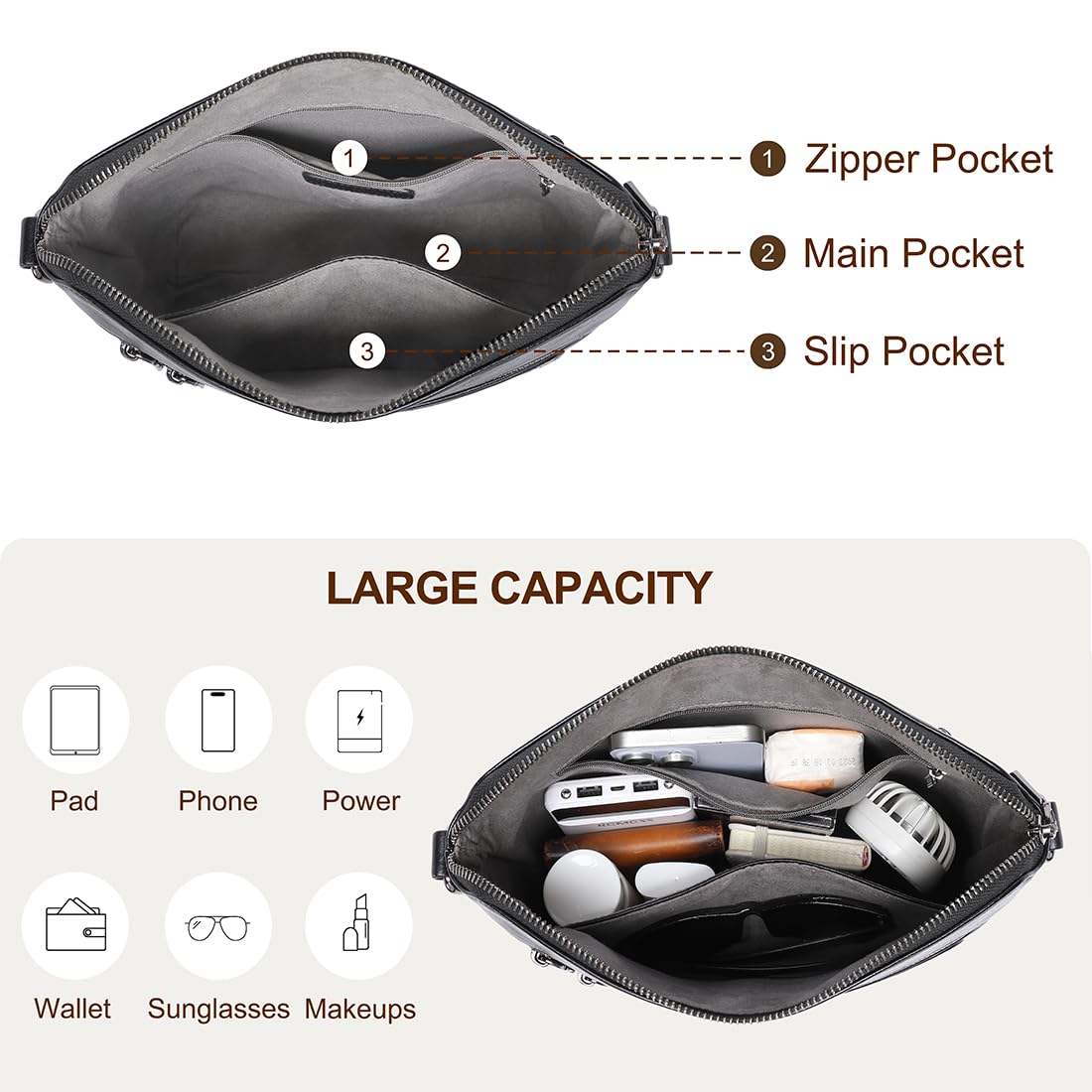 COOLCY Genuine Leather Crossbody Bags for Women Purses and Handbags for Ladies with Multiple Pockets Shoulder Satchel Bag