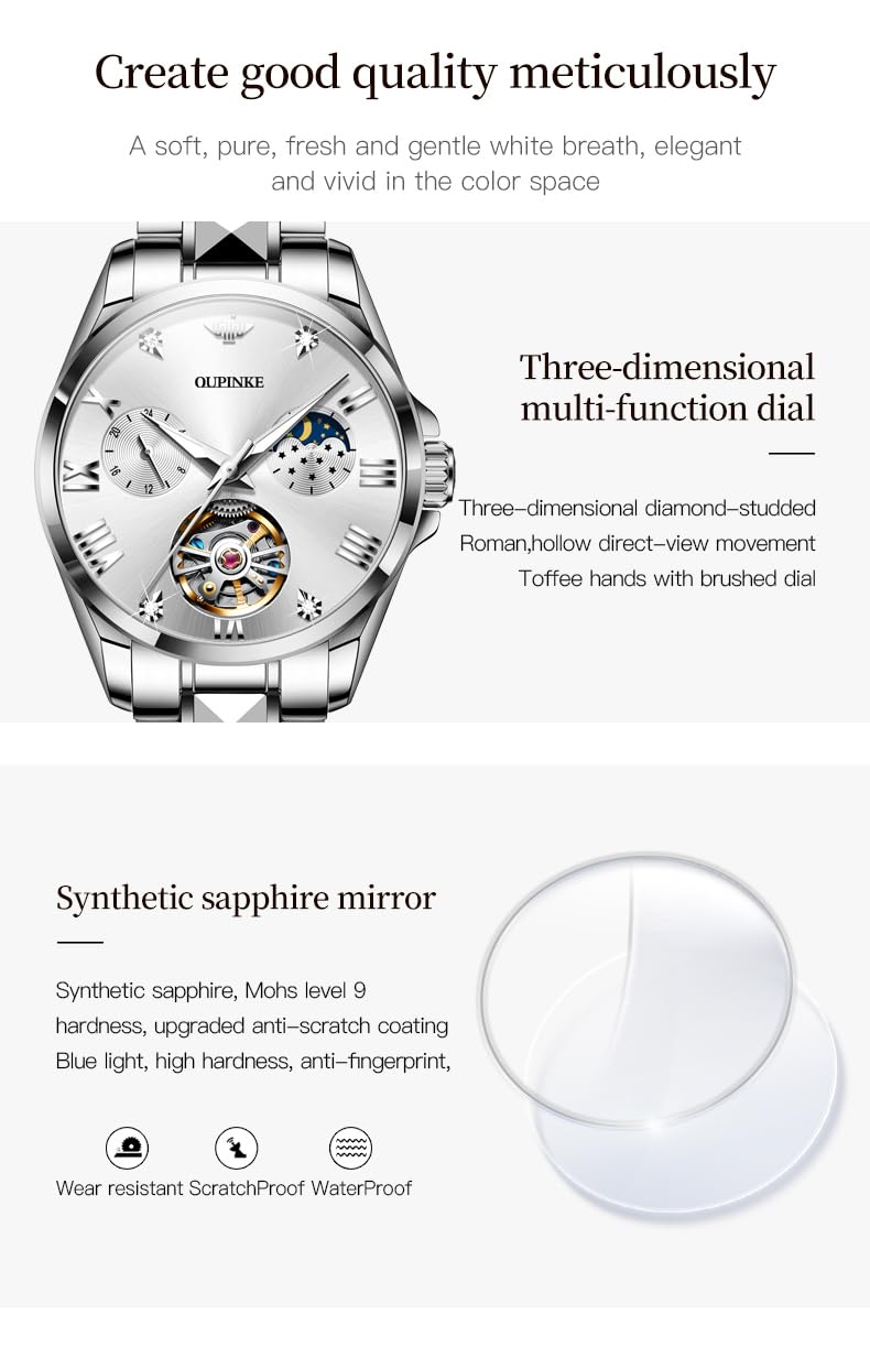 OUPINKE Women Automatic Watches Luxury Diamond Flywheel Two-Tone Stainless Tungsten Steel Band Moon Phase 24 Hours