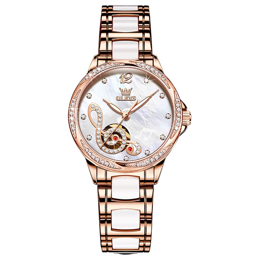 OLEVS Watches for Women Automatic Mechanical Self Winding Rose Gold Ladies Watch Diamond Dress Ceramic Bracelet Waterproof Female Wrist Watch