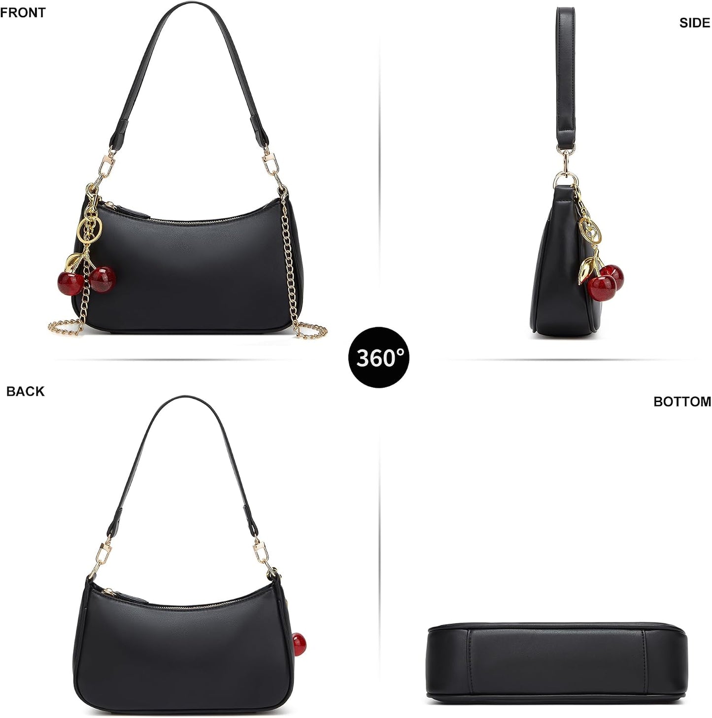 Black Shoulder Bag for Women Cute Hobo Cherry Purse Retro Clutch Underarm Handbag with Removable Straps