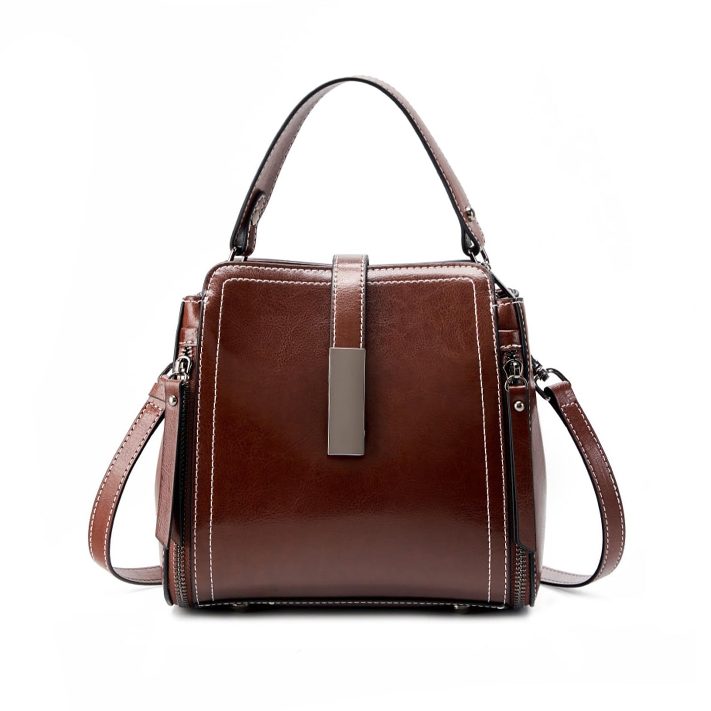 Genuine Leather Bucket Crossbody Shoulder Purse for Women | Scratch-Resistant Cowhide, 5 Pockets, Magnetic Snap, Silver Hardware, 3-Way Carry, Lightweight, Ideal Gift