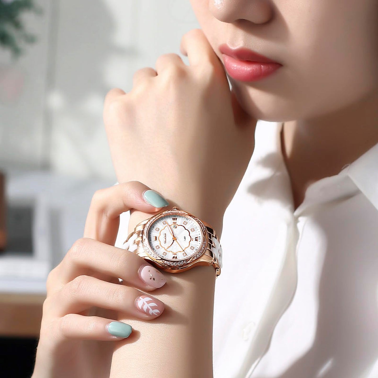 OLEVS Women's Watch Ceramic Band Waterproof Dress Watch Analog Quartz Watches Elegant Luxury Comfortable Wrist Watches with Date Day & Diamond White/Pink/Black Dial Gift for Her Reloj para Mujer