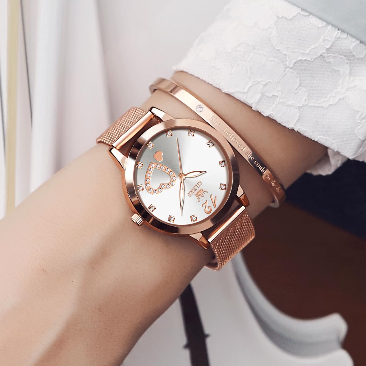 OLEVS Women's Small Wrist Rose Gold Tone Watch - Cute Diamond Heart Arabic Numerals Dial, Fashion Waterproof Mesh Bracelet Analog Dress for Ladies