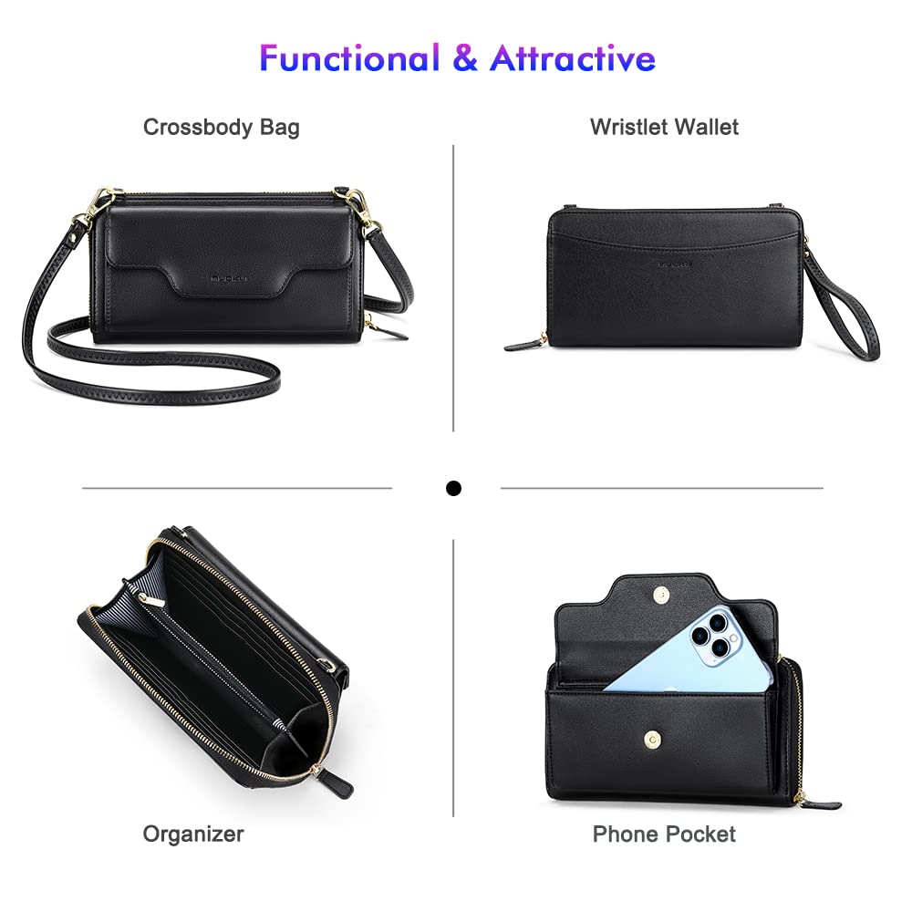 nuoku Small Purse for Women, RFID Blocking Wristlet Wallet, Crossbody Clutch with Cell Phone Pocket black