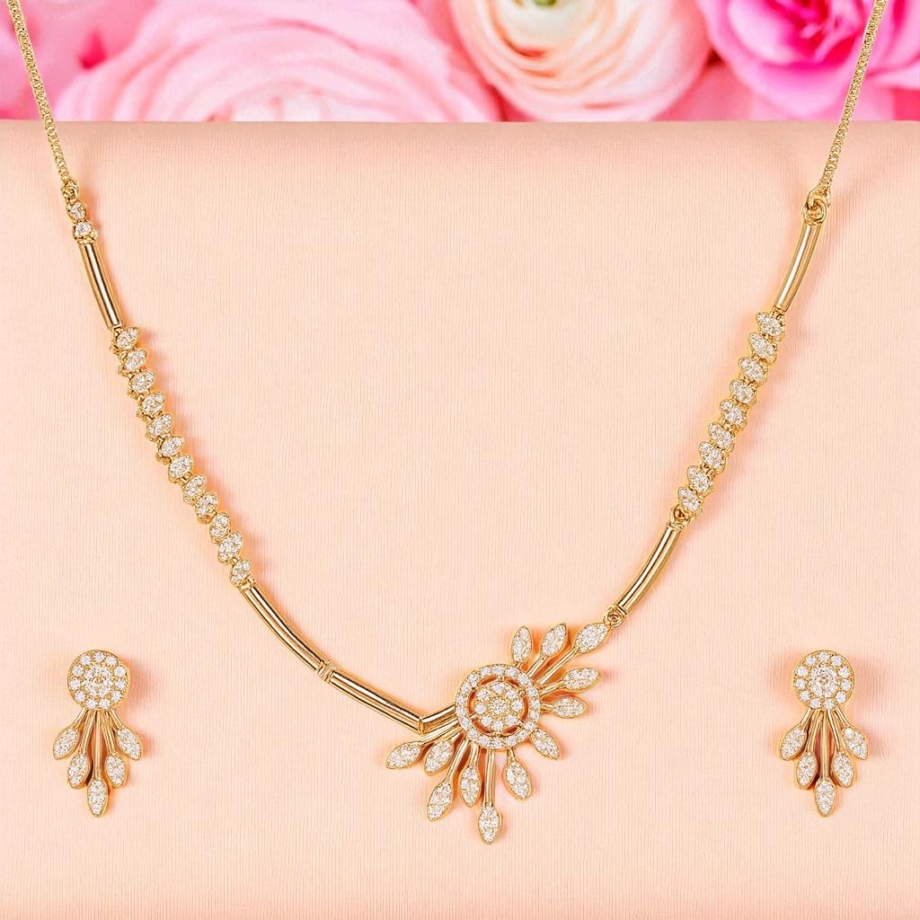 Nilu's Collection American Diamond Stone Studded | Rose Gold/Silver Plated | Anti Tarnish Jewellery Set for Women | Matching Earrings Perfect for Weddings and Special Occasions