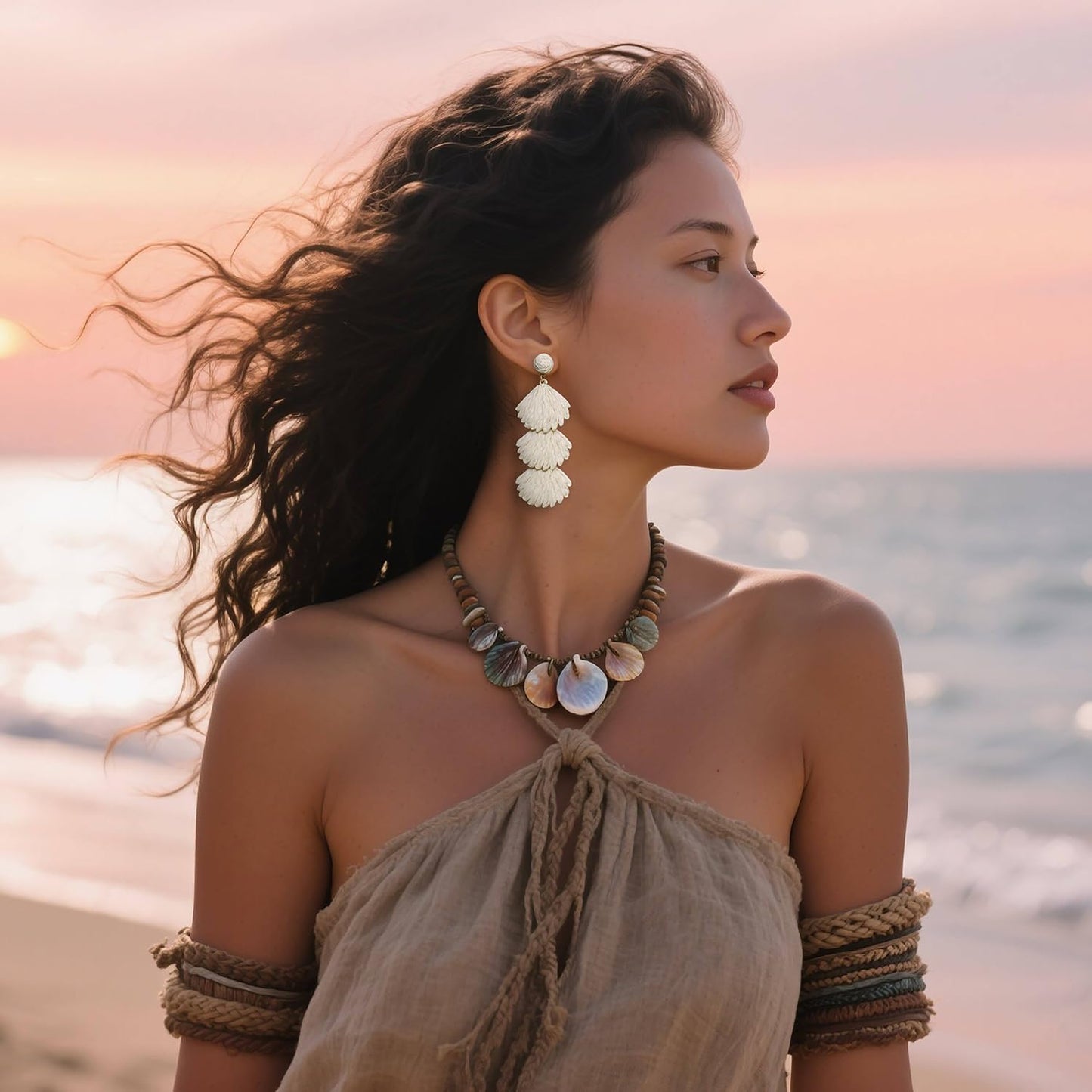 Raffia Dangle Earrings for Women - Boho Statement Rattan Drop Jewelry with Shell Design, Lightweight Summer Beach Trendy Accessories