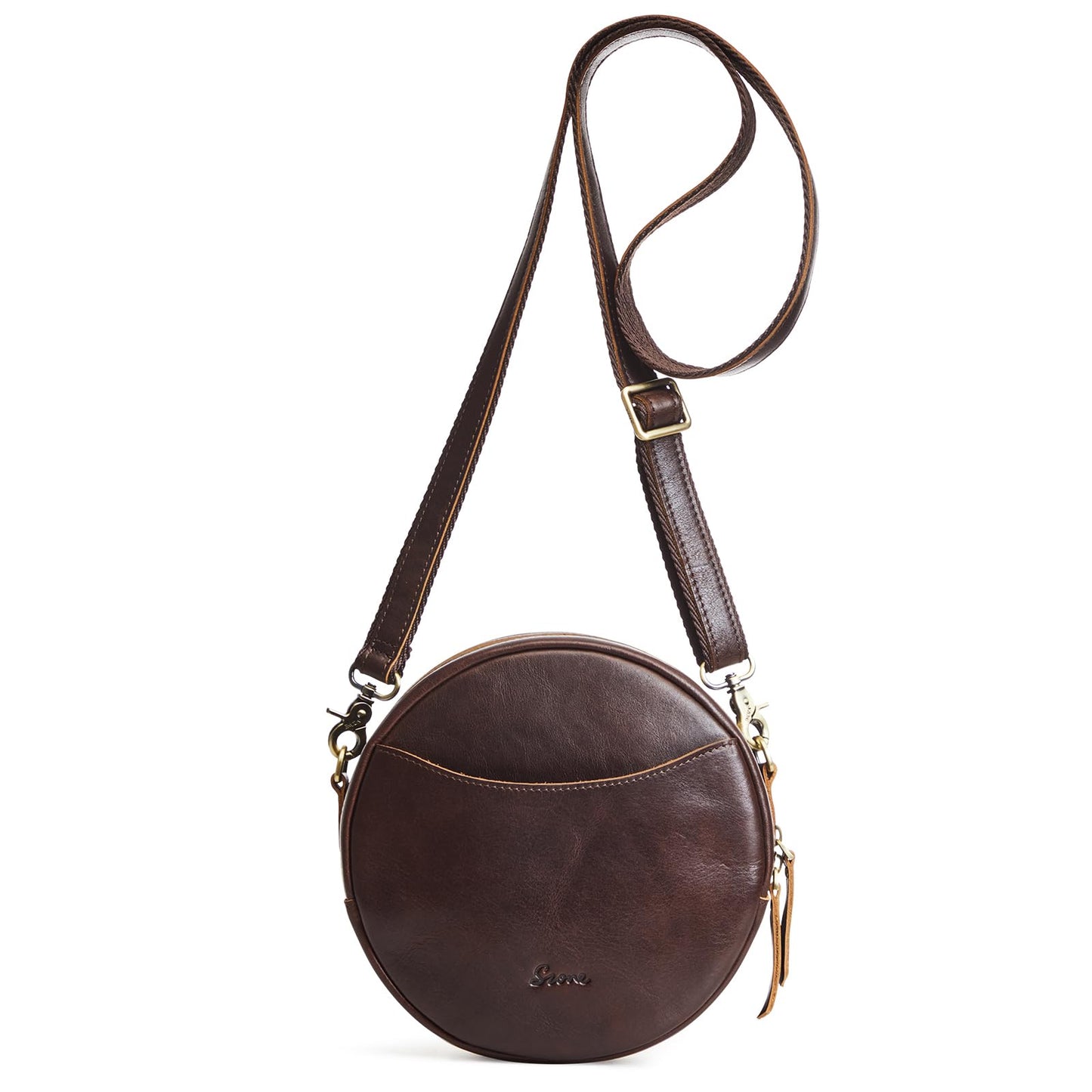 S-ZONE Leather Crossbody Bags for Women Circle Shoulder Round Purse Travel | Top Grain Leather, Keychain, Designer Handbag, Vintage, Multi Pockets, Detachable Strap, Eveyday Outing