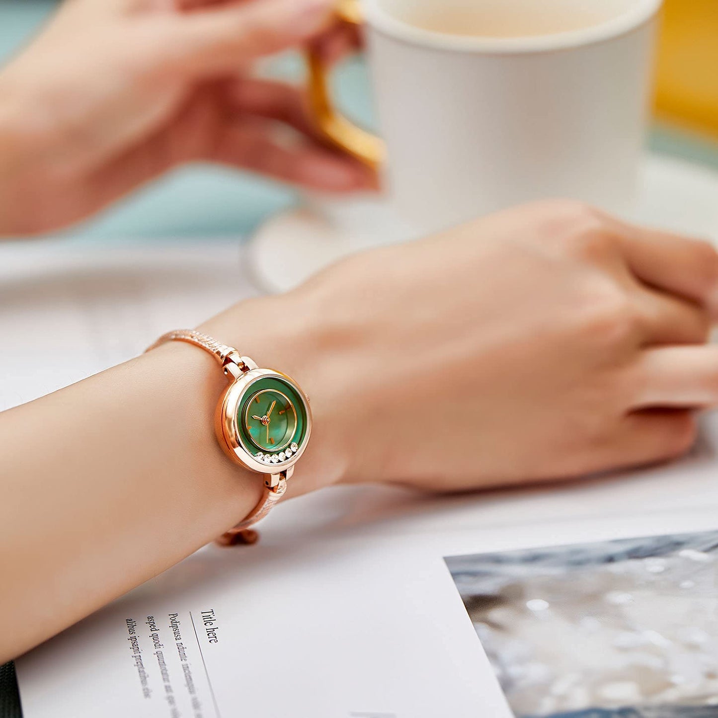 TIME100 Women's Bracelet Watches Ladies Quartz Wrist Watch with Green Dial Bezel with Crystals in Movement Bracelet Strap with Diamonds Waterproof