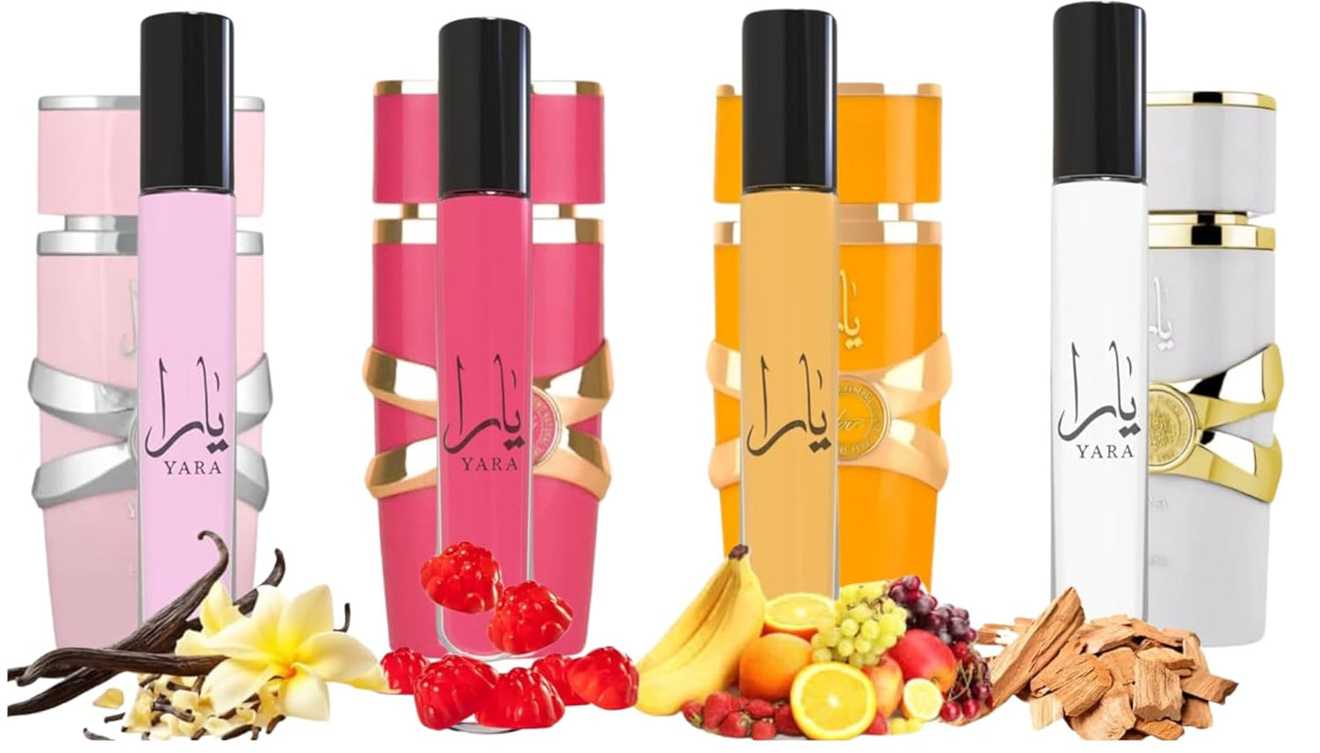 Equivalence Yara's 4 Pieces Set Eau De Parfum Spray for Women edition travel Size BUNDLE 0.34 Ounce Moi +Tous + Candy +Pink, LARGE BOTTLES NOT INCLUDED It is only a reference