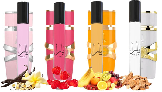 Equivalence Yara's 4 Pieces Set Eau De Parfum Spray for Women edition travel Size BUNDLE 0.34 Ounce Moi +Tous + Candy +Pink, LARGE BOTTLES NOT INCLUDED It is only a reference