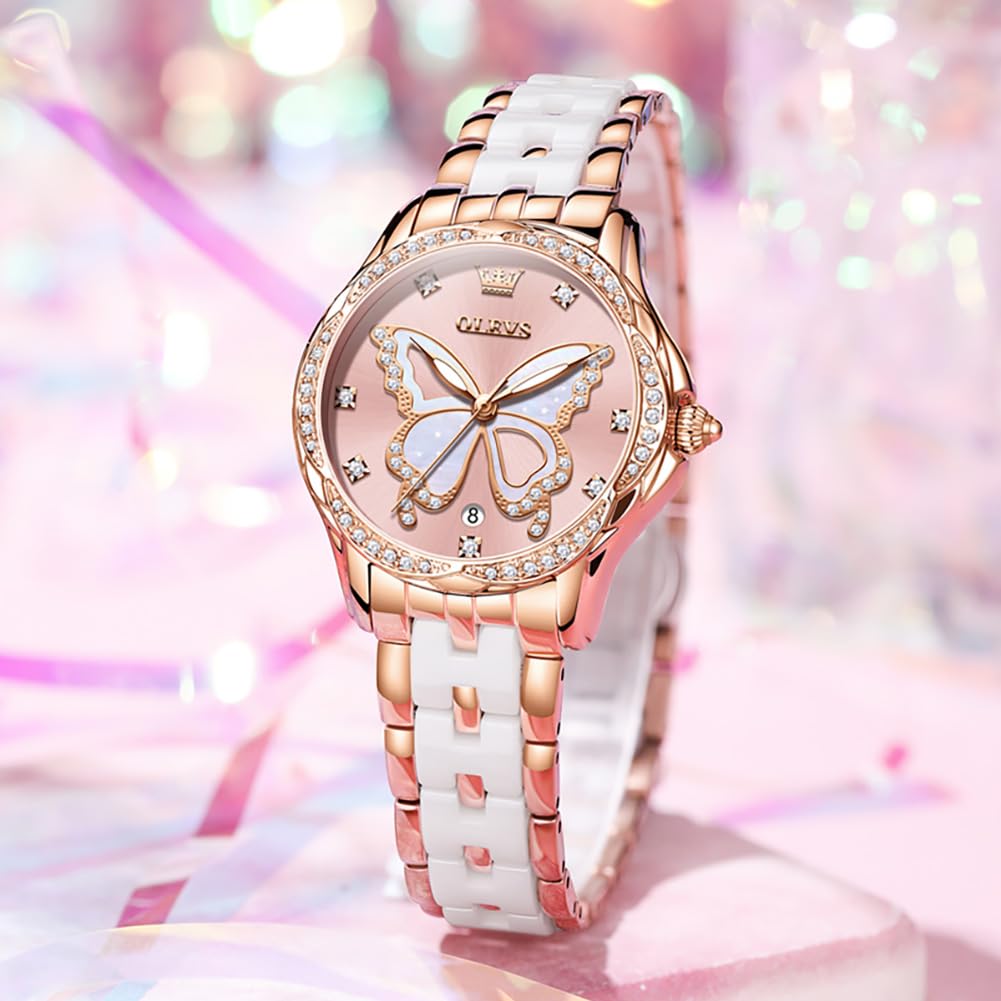 OLEVS Watches for Women Rose Gold Two Tone Fashion White Ceramic Ladies Wrist Watches Pink/Red Dial Stainless Steel Waterproof Date