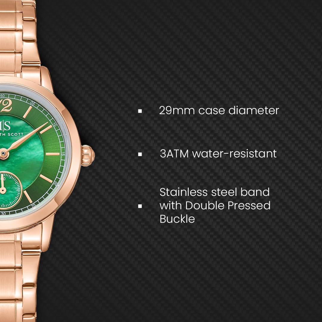 Kenneth Scott Women's Analog Watch 29mm Green Dial Rose Gold Stainless Steel