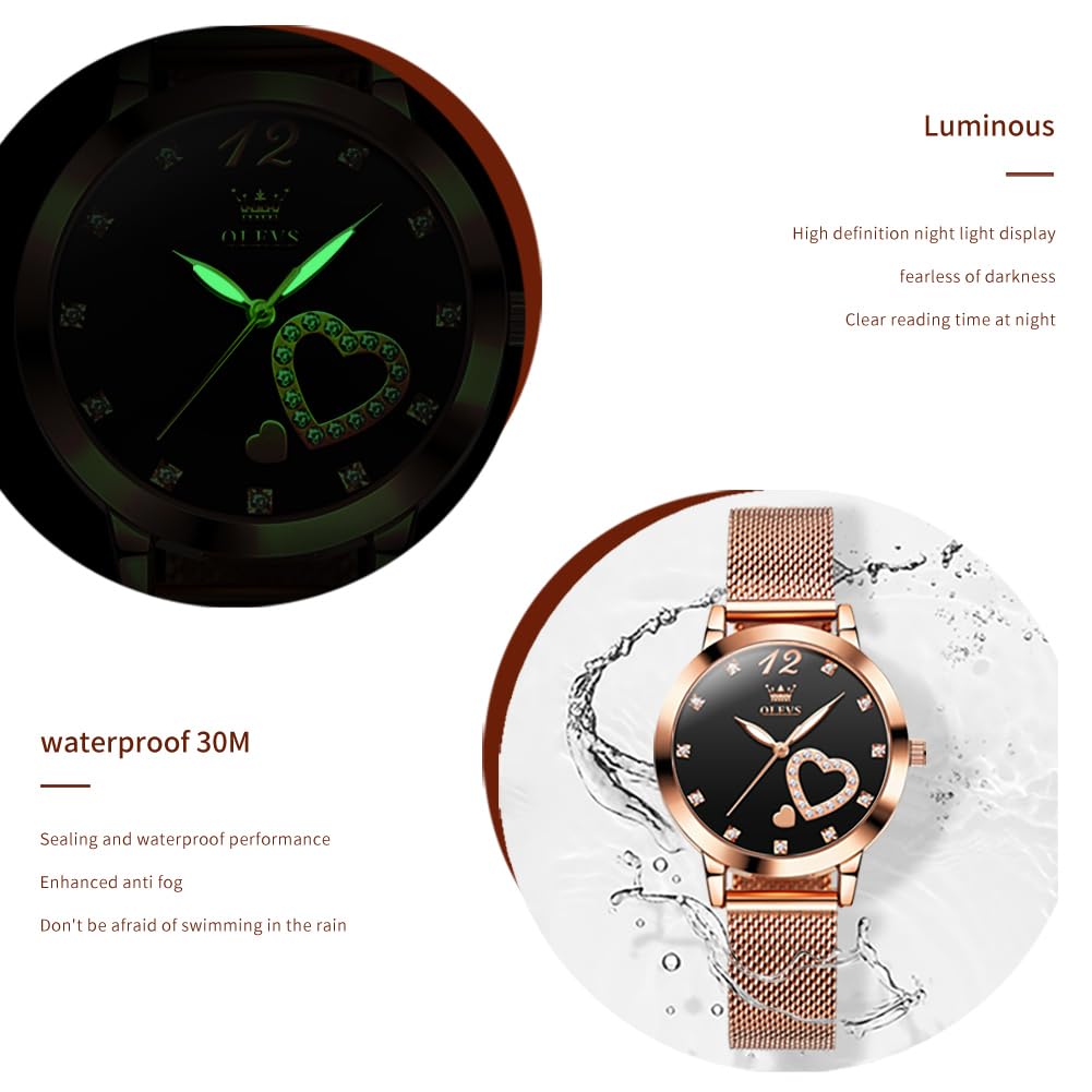 OLEVS Women's Watch Luxury Dress Rose Gold Women Slim Thin Lightweight Watch Stainless Steel Mesh Watches Fashion Waterproof Ladies Wrist Watch Black White Blue Face,Adjustable Bracelet