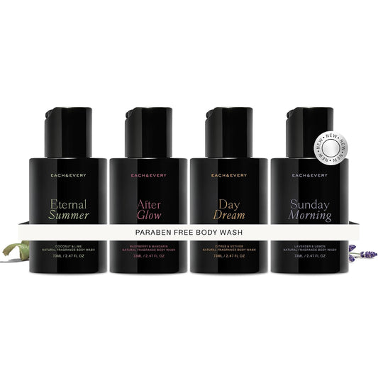Each & Every Mini Body Wash Travel Set - 4 Natural Fragrance Shower Gels - Ceramides, Lactic Acid AHA & Moringa Oil - Day Dream, After Glow, Sunday Morning & Eternal Summer