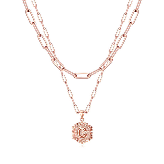 M MOOHAM Dainty Initial Necklaces for Women, 14K-Gold-Plated Layering Necklace for Women Cute Hexagon Letter Initial Necklace Layered Necklaces for Womens Teen Girl Gifts