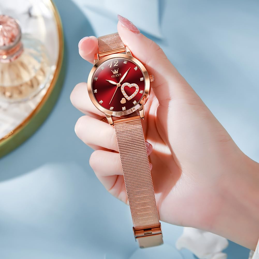 OLEVS Women's Watch Luxury Dress Rose Gold Women Slim Thin Lightweight Watch Stainless Steel Mesh Watches Fashion Waterproof Ladies Wrist Watch Black White Blue Face,Adjustable Bracelet