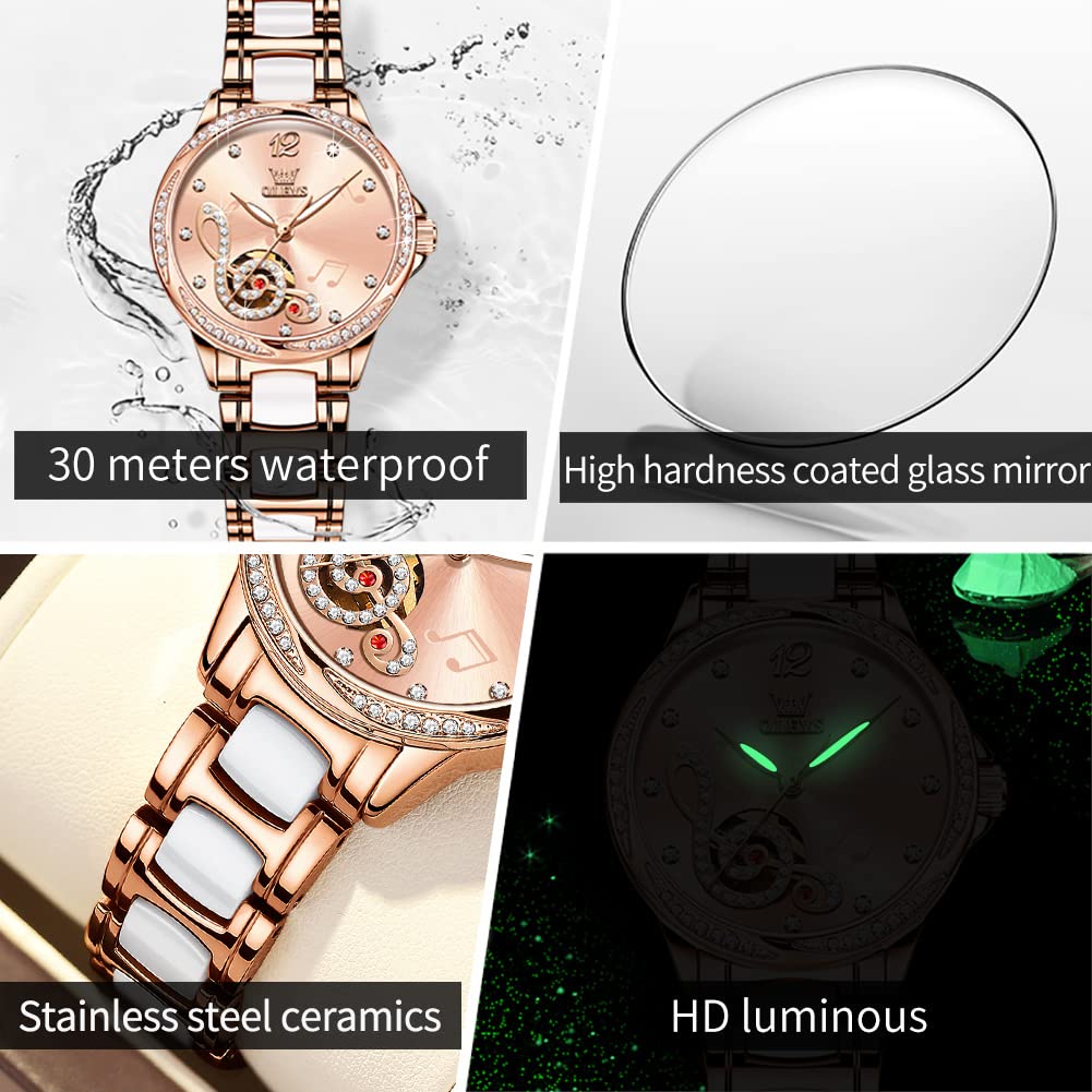 OLEVS Watches for Women Automatic Mechanical Self Winding Rose Gold Ladies Watch Diamond Dress Ceramic Bracelet Waterproof Female Wrist Watch