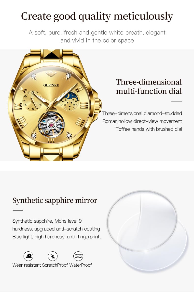 OUPINKE Women Automatic Watches Luxury Diamond Flywheel Two-Tone Stainless Tungsten Steel Band Moon Phase 24 Hours