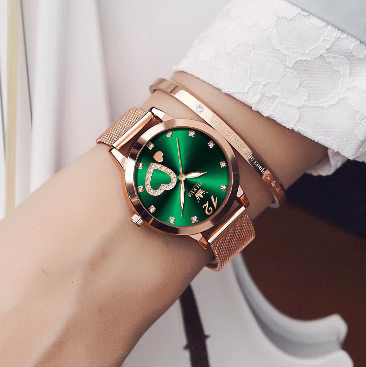 OLEVS Women's Small Wrist Rose Gold Tone Watch - Cute Diamond Heart Arabic Numerals Dial, Fashion Waterproof Mesh Bracelet Analog Dress for Ladies