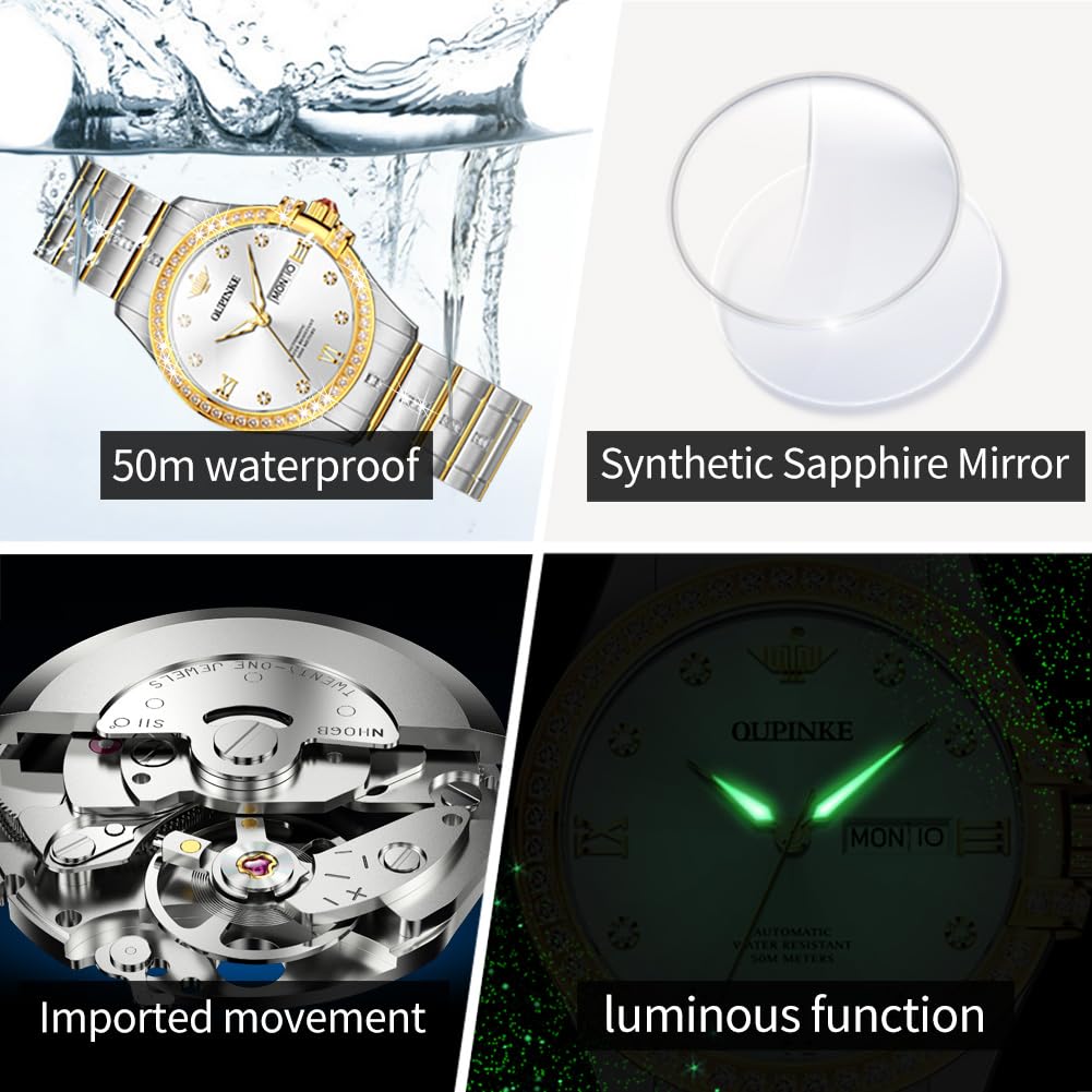 OUPINKE Women Automatic Watches Luxury Diamond Flywheel Two-Tone Stainless Tungsten Steel Band Moon Phase 24 Hours