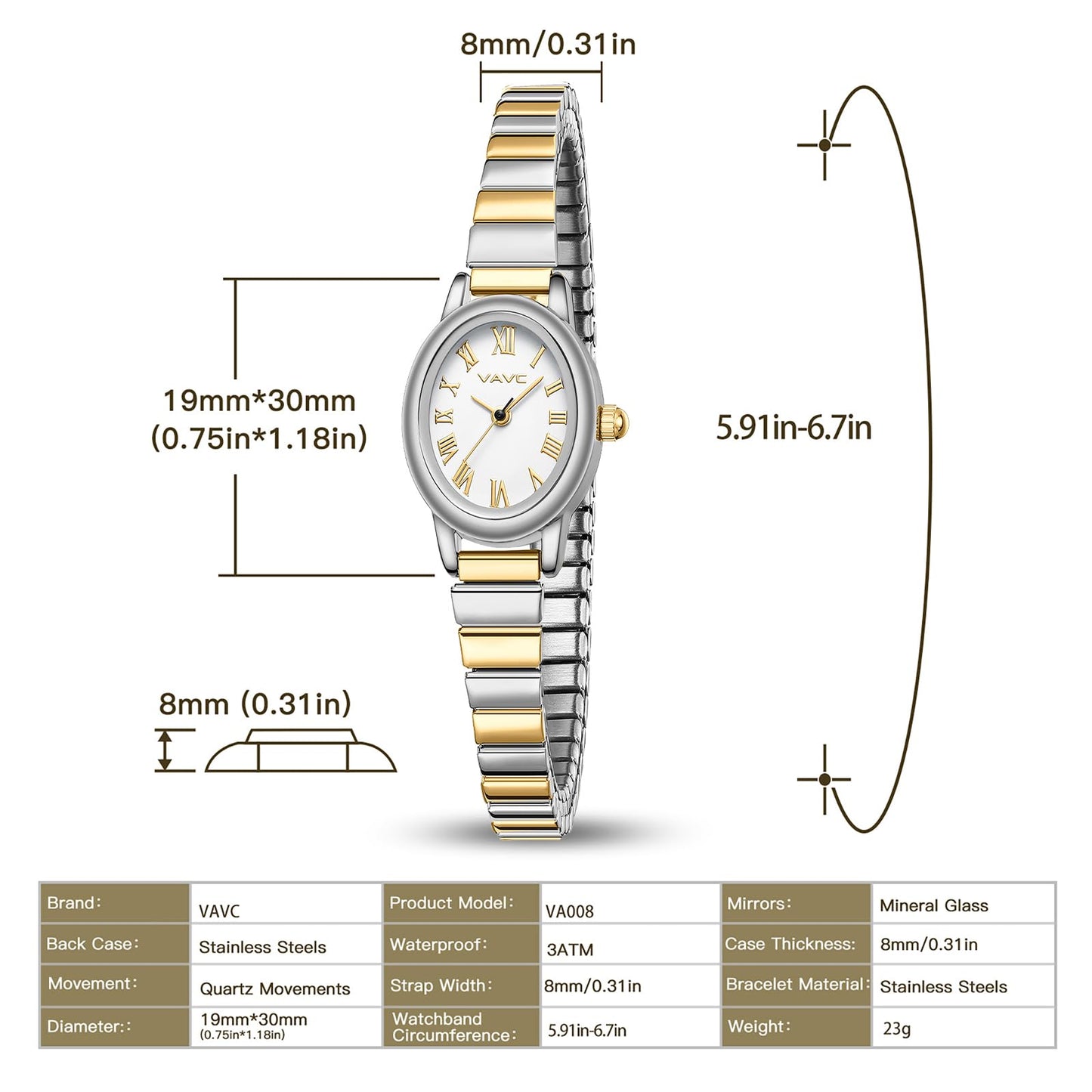 Small Gold Watches for Women,Analog Womens Watch with Stainless Steel Expansion Band,Oval Case Roman Dial,Water Resistant