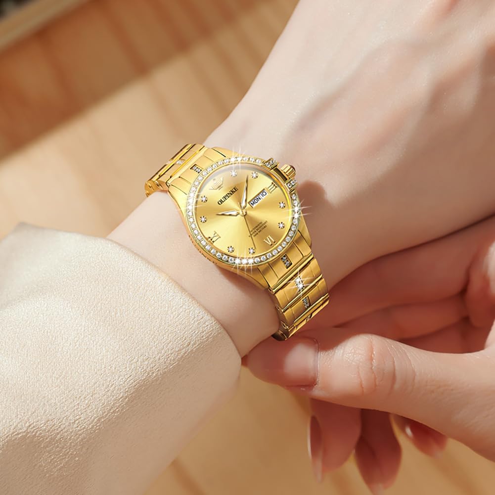 OUPINKE Women Automatic Watches Luxury Diamond Flywheel Two-Tone Stainless Tungsten Steel Band Moon Phase 24 Hours