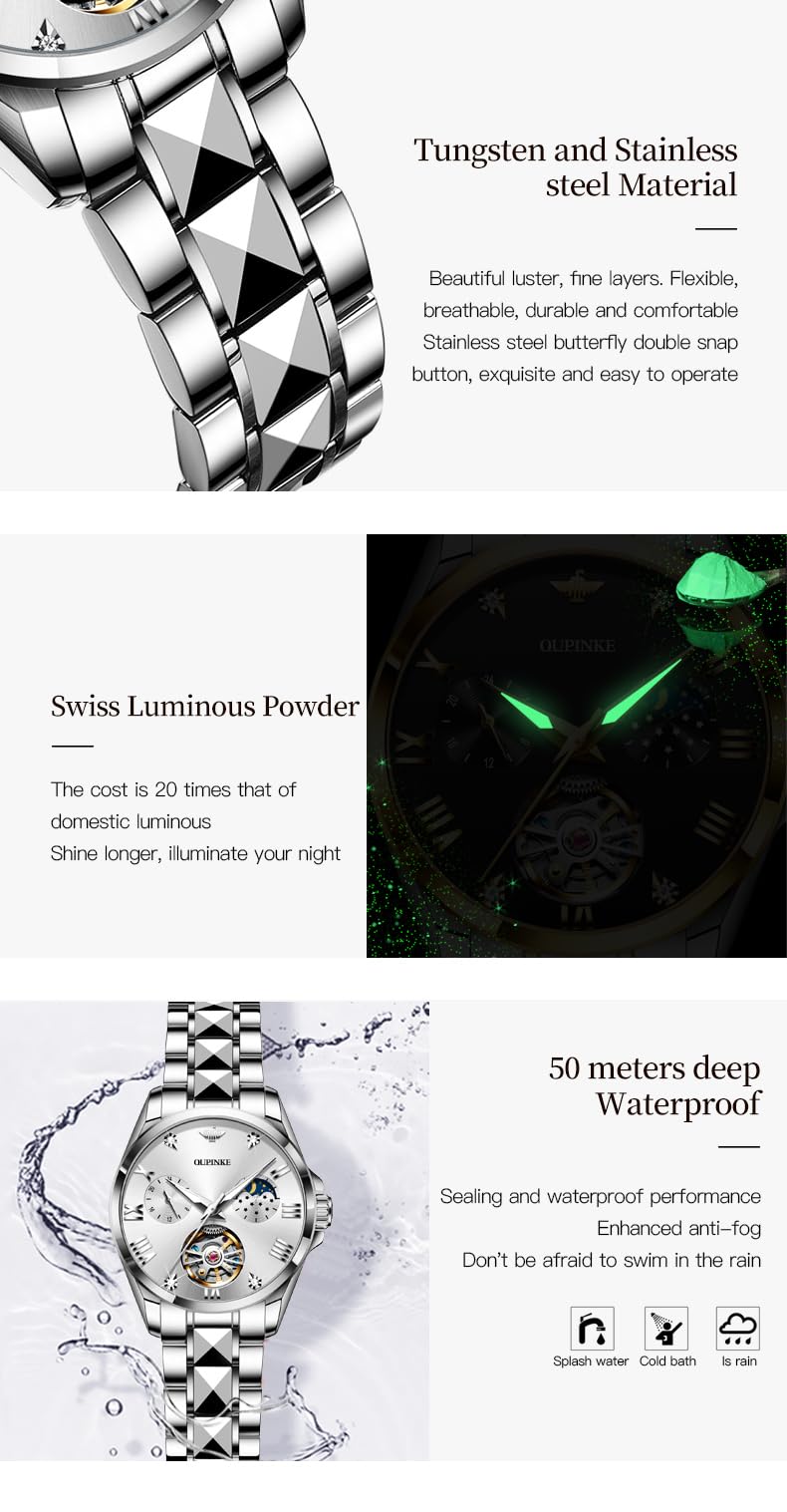 OUPINKE Women Automatic Watches Luxury Diamond Flywheel Two-Tone Stainless Tungsten Steel Band Moon Phase 24 Hours