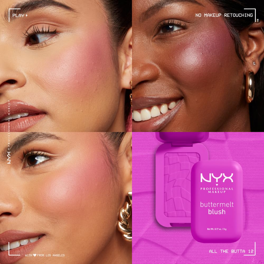 NYX PROFESSIONAL MAKEUP Buttermelt Powder Blush, Fade and Transfer-Resistant Blush, Up to 12HR Make Up Wear, Vegan Formula - For The Butta