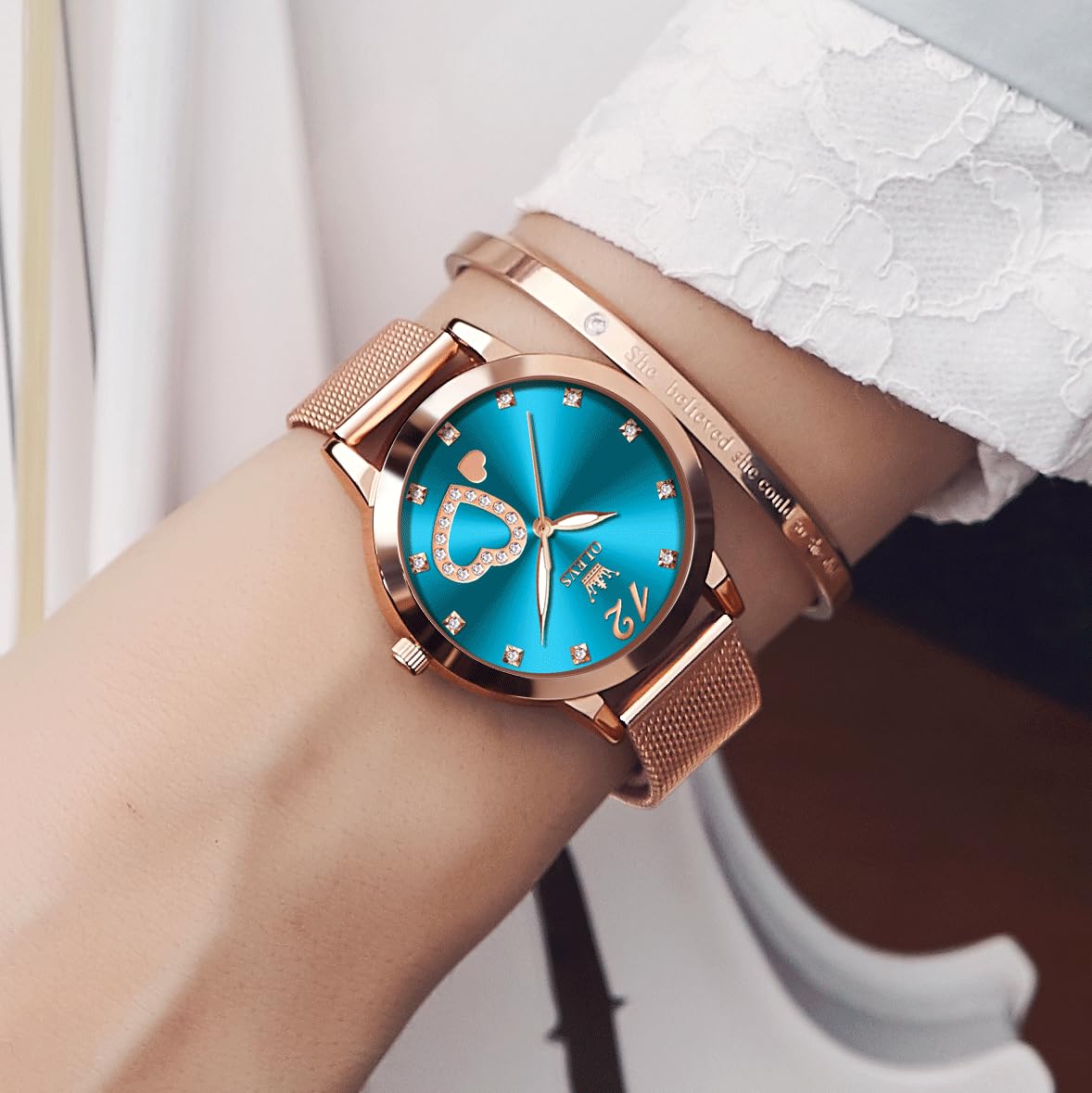 OLEVS Women's Small Wrist Rose Gold Tone Watch - Cute Diamond Heart Arabic Numerals Dial, Fashion Waterproof Mesh Bracelet Analog Dress for Ladies