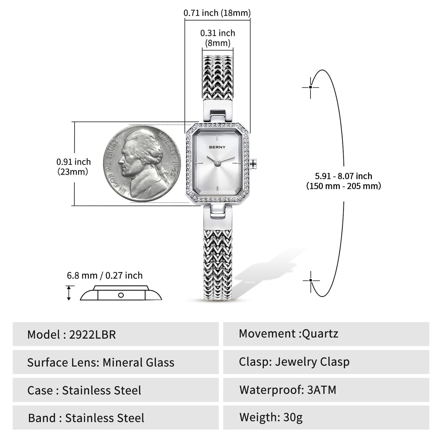 BERNY Silver Watches for Women Ladies Wrist Watch and Bracelet Set Dainty Quartz Bracelet Watch Premium Crystal Accented Fashion Luxury Birthday Present for Women