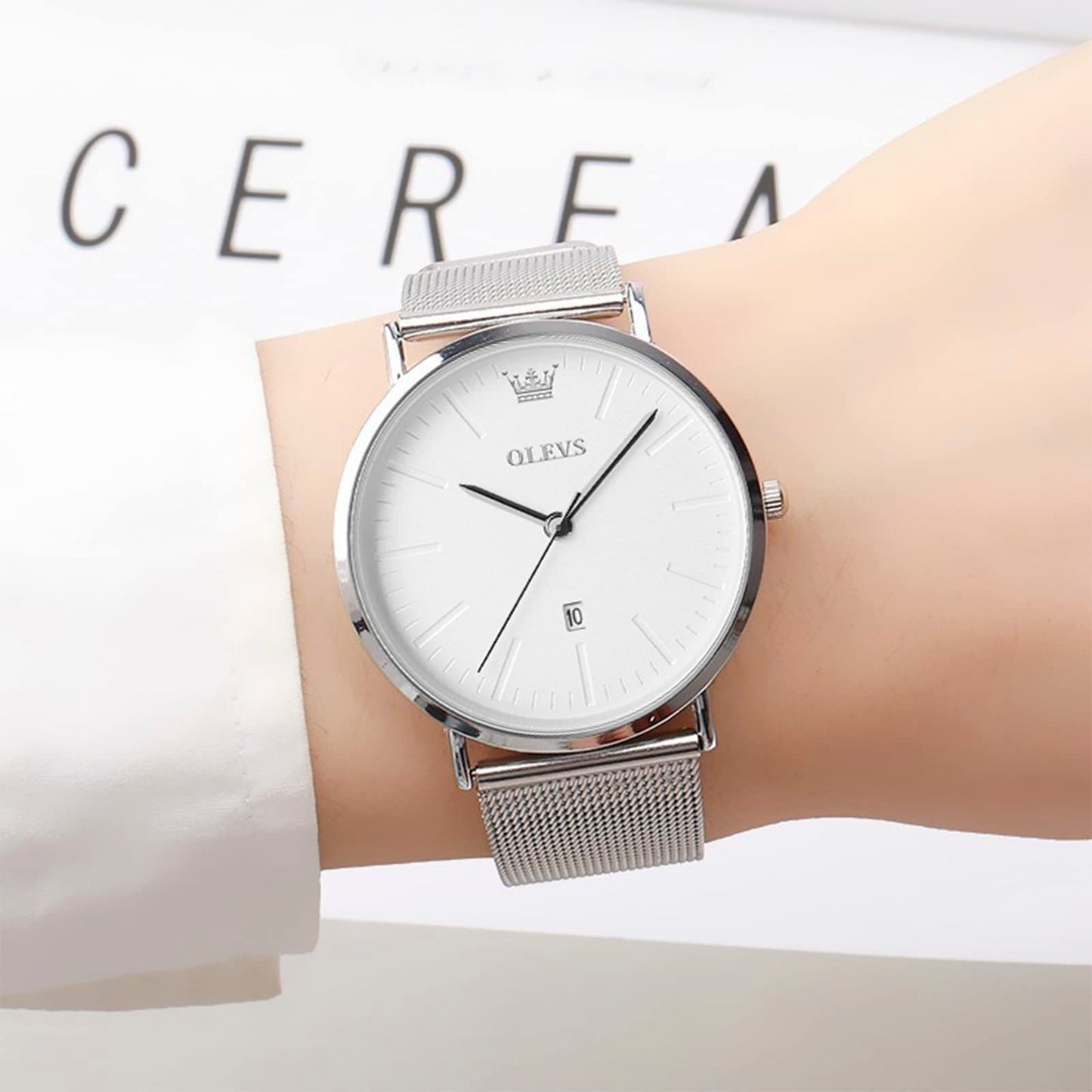 OLEVS Women's Mesh Bracelet Watch, Elegant Large Face Three Hand Analog Quartz Womens Wristwatch, Pretty Slim Date Display Waterproof Ladies Watches for Small Wrists