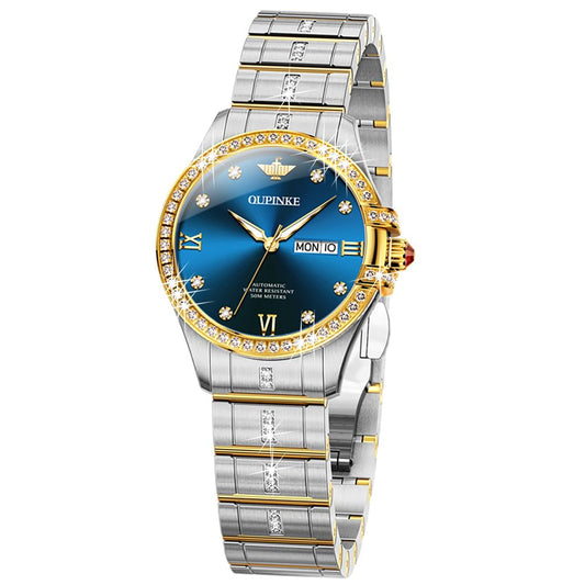 OUPINKE Women Automatic Watches Luxury Diamond Flywheel Two-Tone Stainless Tungsten Steel Band Moon Phase 24 Hours