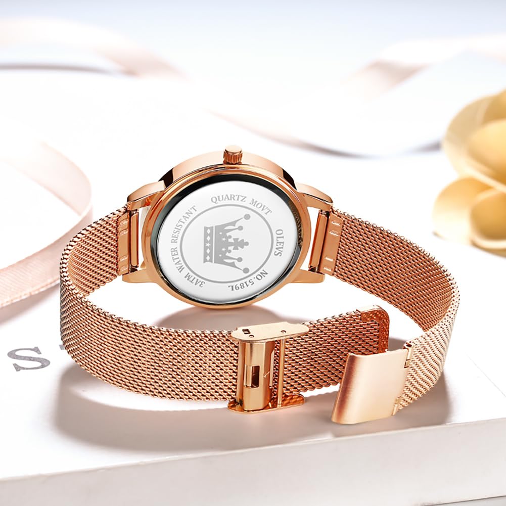 OLEVS Women's Watch Luxury Dress Rose Gold Women Slim Thin Lightweight Watch Stainless Steel Mesh Watches Fashion Waterproof Ladies Wrist Watch Black White Blue Face,Adjustable Bracelet