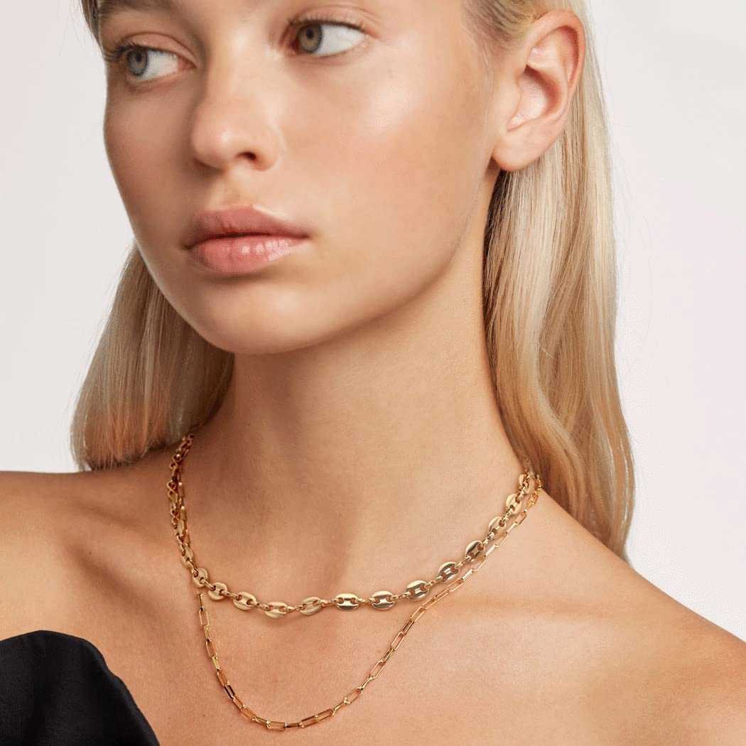 Aobei Pearl 18K Gold Plated Paperclip Chain Choker Satellite Chain Freshwater Cultured Biwa Pearl Pendant Necklace Dainty Turquoise Jewelry for Women