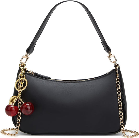 Black Shoulder Bag for Women Cute Hobo Cherry Purse Retro Clutch Underarm Handbag with Removable Straps