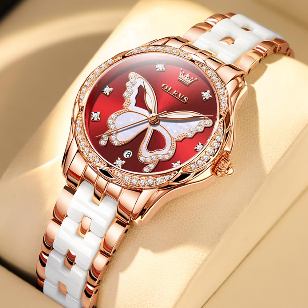 OLEVS Watches for Women Rose Gold Two Tone Fashion White Ceramic Ladies Wrist Watches Pink/Red Dial Stainless Steel Waterproof Date
