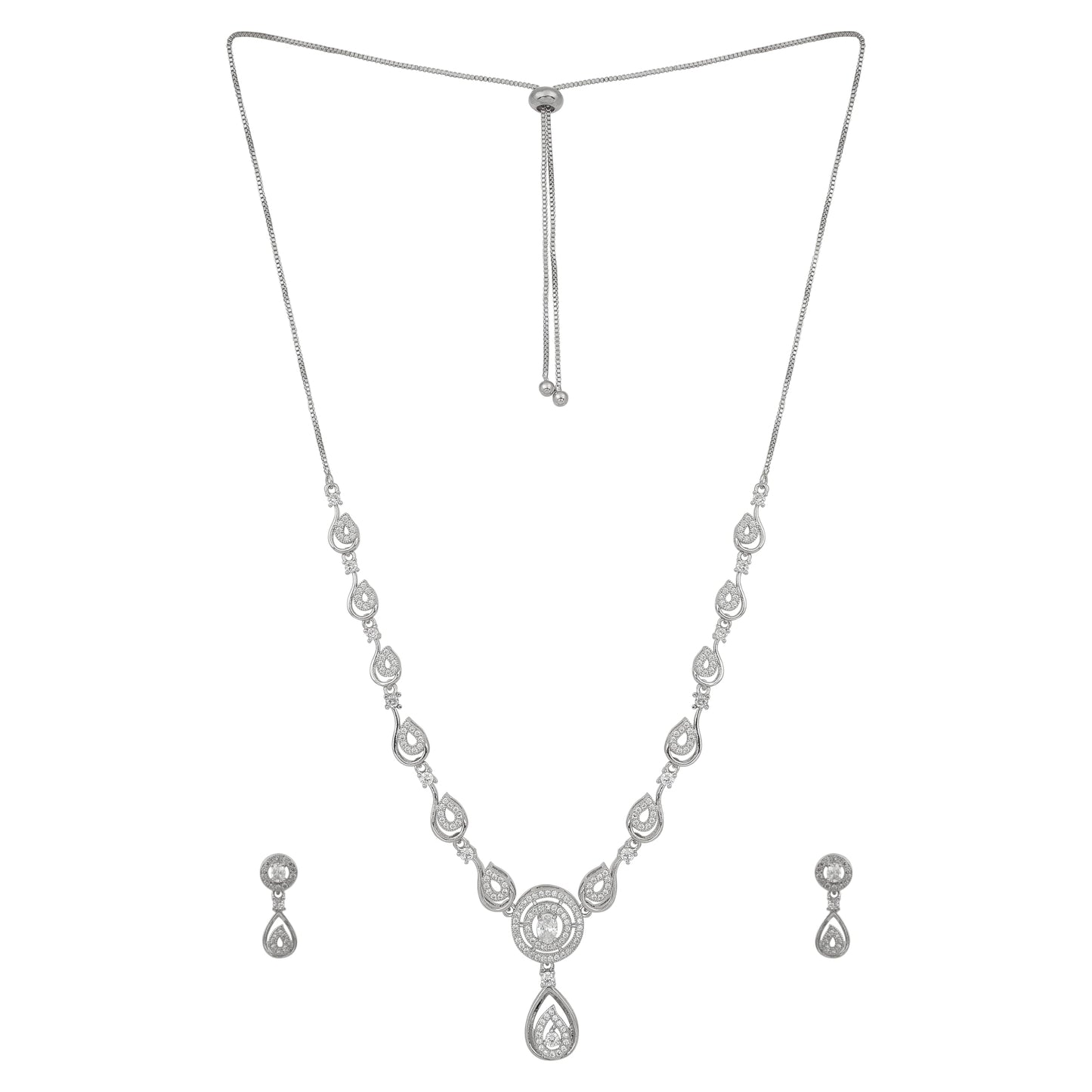 Nilu's Collection American Diamond Stone Studded | Rose Gold/Silver Plated | Anti Tarnish Jewellery Set for Women | Matching Earrings Perfect for Weddings and Special Occasions
