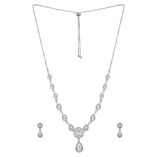 Nilu's Collection American Diamond Stone Studded | Rose Gold/Silver Plated | Anti Tarnish Jewellery Set for Women | Matching Earrings Perfect for Weddings and Special Occasions