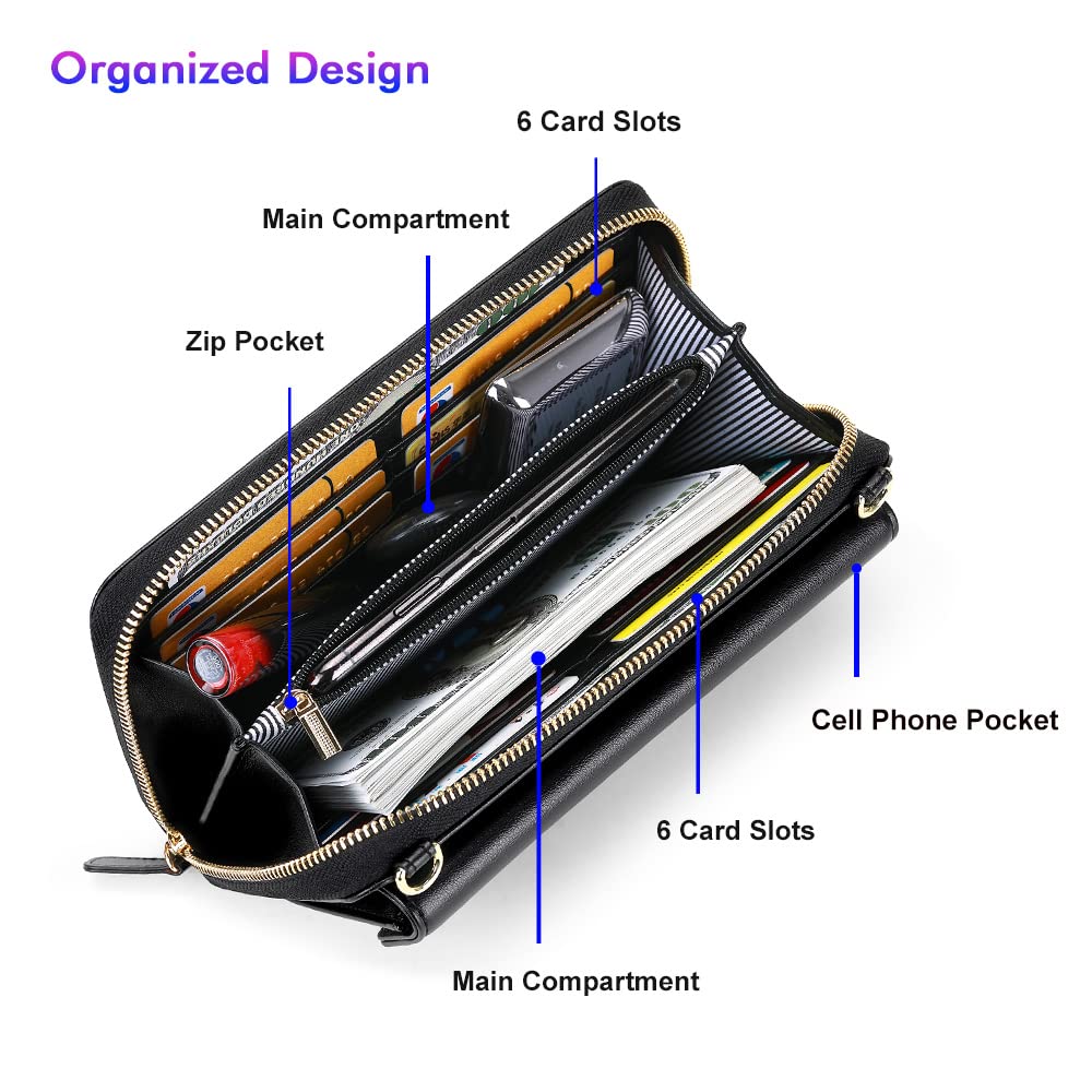 nuoku Small Purse for Women, RFID Blocking Wristlet Wallet, Crossbody Clutch with Cell Phone Pocket black