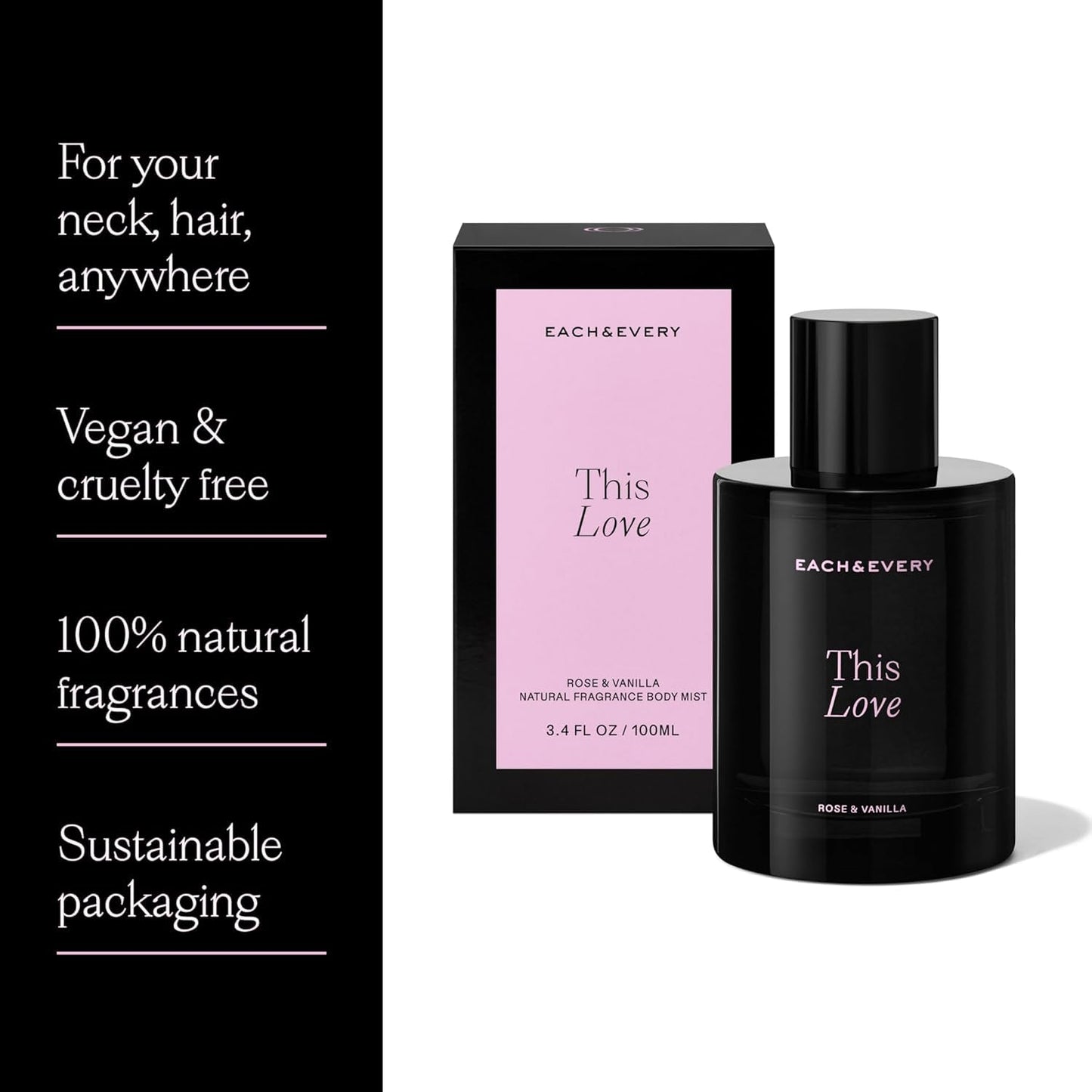 Each & Every Hair & Body Mist - Hair Perfume & Body Spray for Women & Men, 100% Natural Fragrance Rose & Vanilla, Soft Floral Inviting (This Love) - Vegan, Paraben Free, 3.4 fl oz