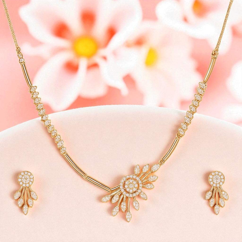 Nilu's Collection American Diamond Stone Studded | Rose Gold/Silver Plated | Anti Tarnish Jewellery Set for Women | Matching Earrings Perfect for Weddings and Special Occasions