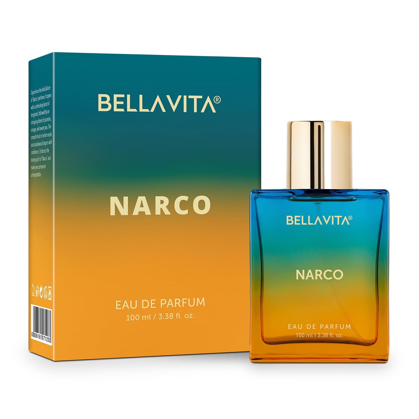 Bellavita Luxury Narco Eau de Parfum | 100 ml (3.4 fl.oz.) | Perfume for Men and Women | Floral, Bergamot, Jasmine, and White Musk Notes | Long Lasting Unisex Fragrance
