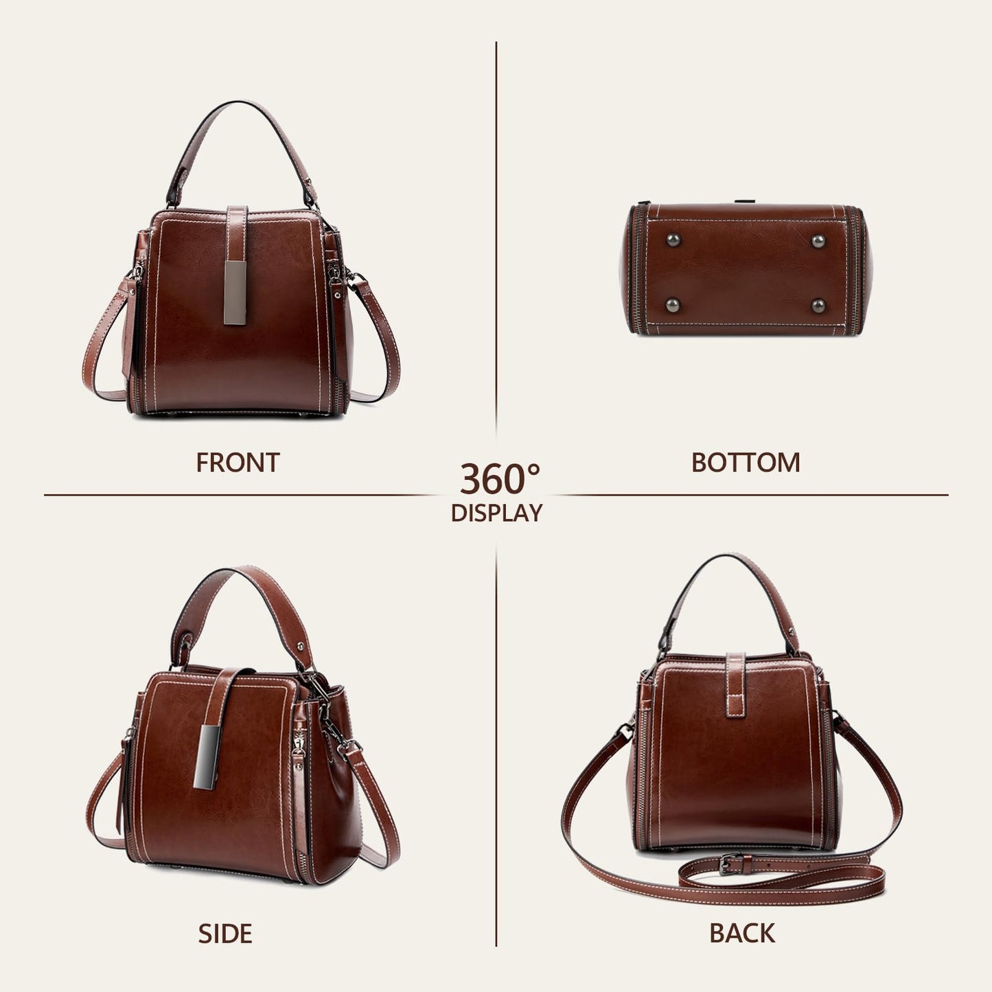 Genuine Leather Bucket Crossbody Shoulder Purse for Women | Scratch-Resistant Cowhide, 5 Pockets, Magnetic Snap, Silver Hardware, 3-Way Carry, Lightweight, Ideal Gift