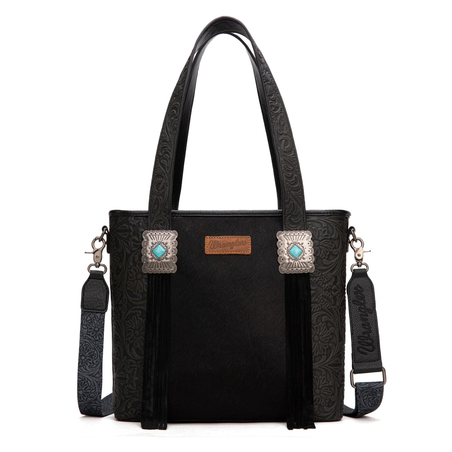 Montana West Wrangler Cowhide Tote Bag for Women Western Tooling Handbag Leather Fringing with Turquoise Stone Concho